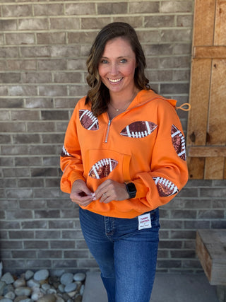 Orange Football Sequin Hooded 1/2 Zip Sweatshirt *TN COLLECTION*