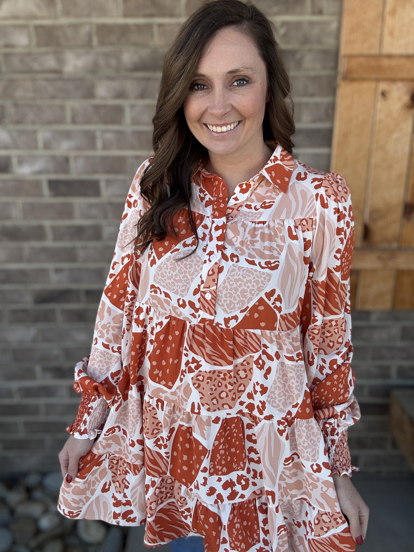 Orange Mix Animal Print Long Sleeve Tier Dress