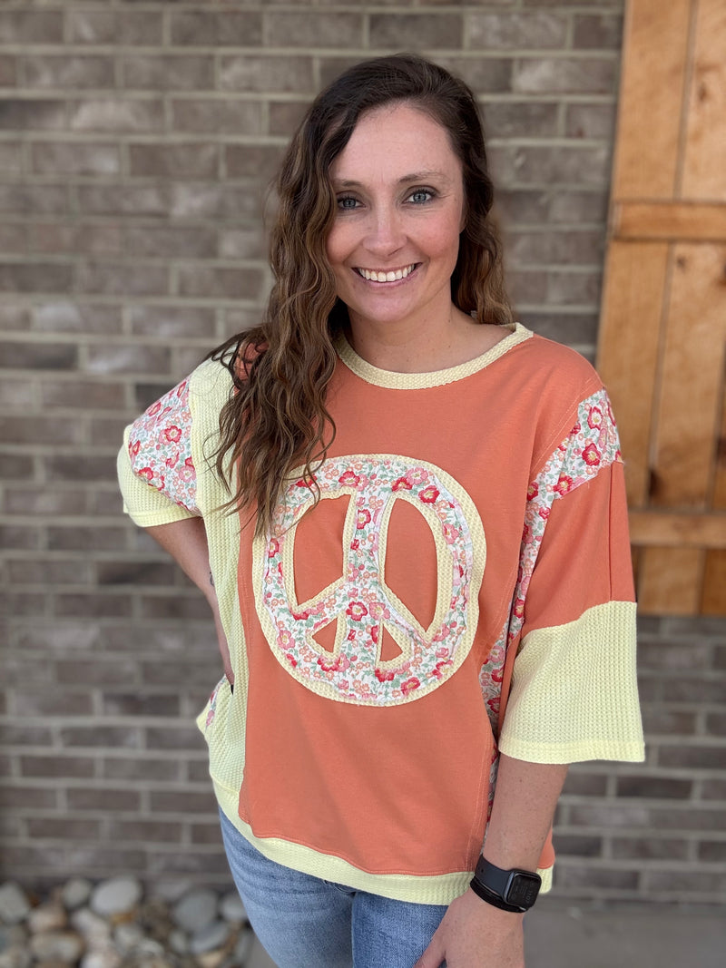 Orange Mixed Peace Patch Soft Washed Terry Knit Pullover by Easel