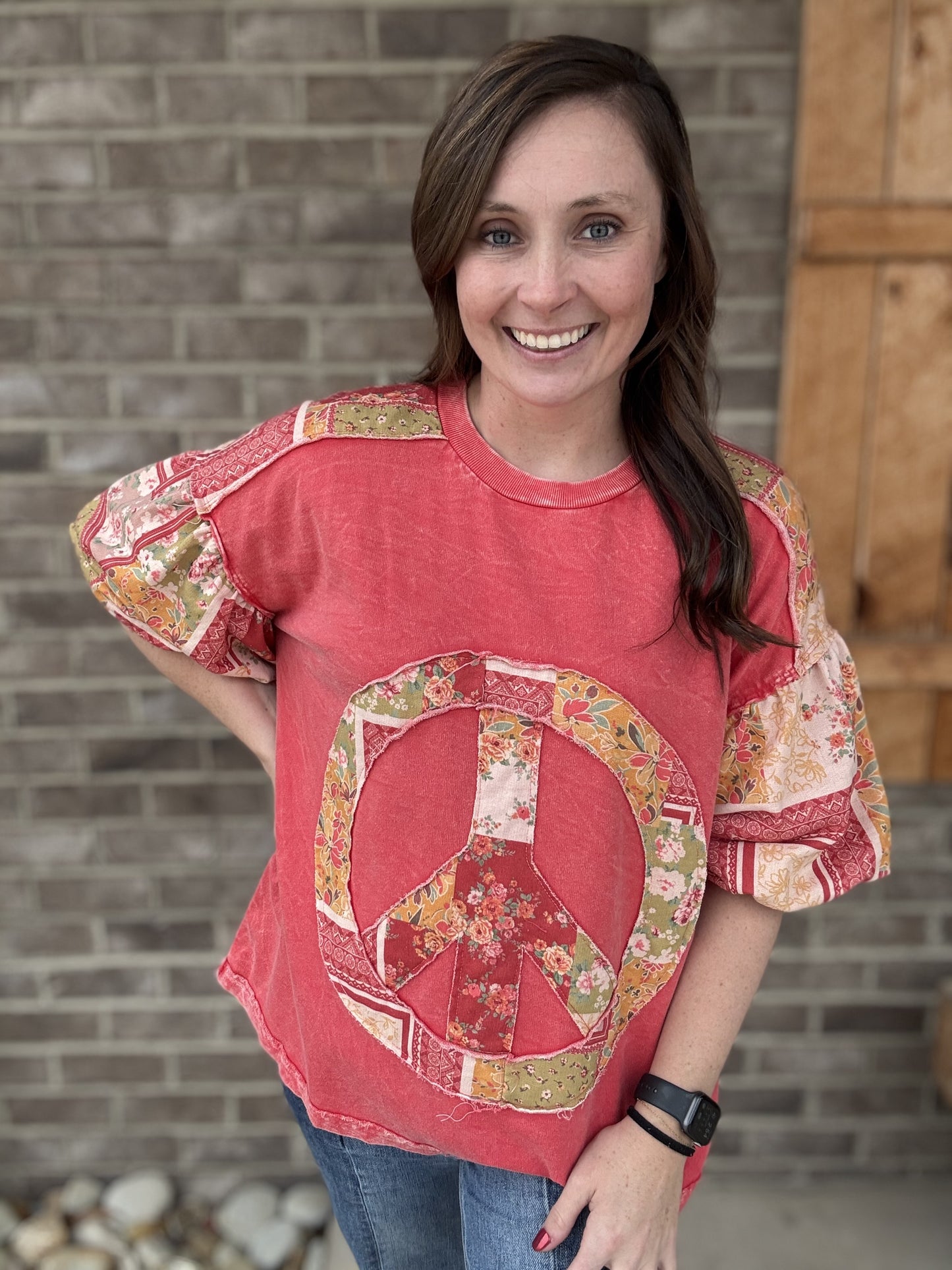 8482- Orange Red Mineral Wash Peace Sign Blouse w/ Puff Sleeves by J. Her