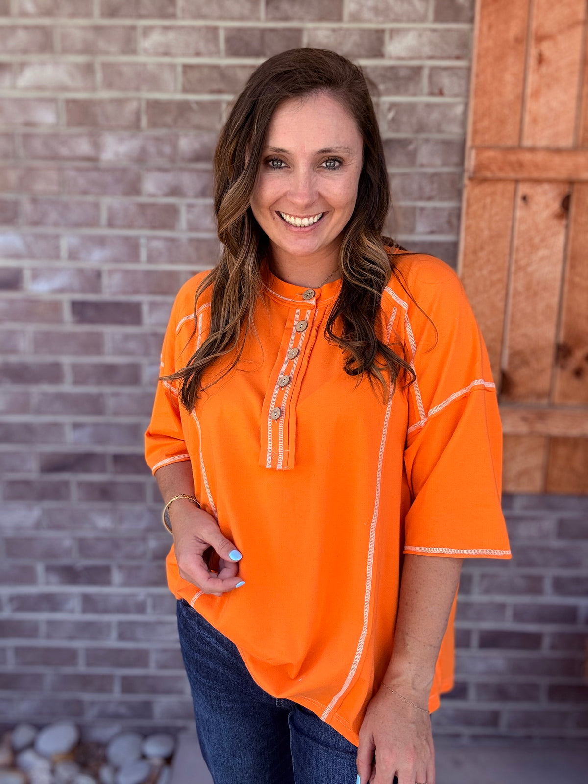 Orange Relaxed Game Day Button Down Henley Top *TN COLLECTION*