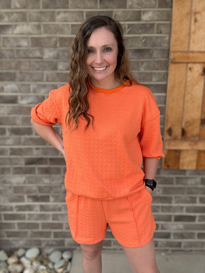 Orange Round Neck Houndstooth Print Short Sleeve Top *TN COLLECTION*
