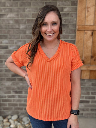 Orange Short Sleeve V-Neck Ribbed Top *TN COLLECTION*