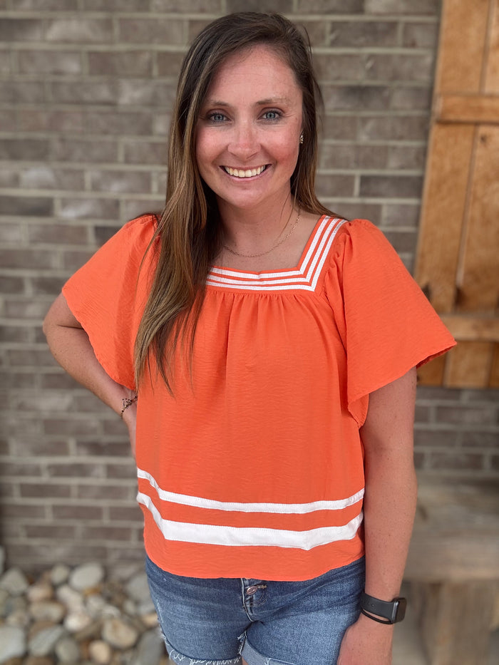 Orange Game Day Flare Sleeve Square Neck Top *TN COLLECTION*