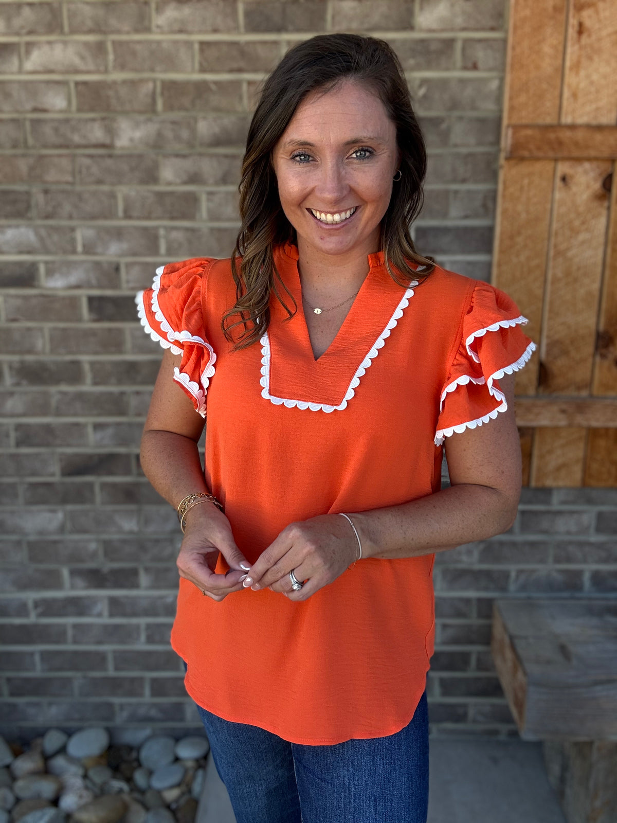 Orange Ruffle Sleeve Scallop Trim Top *TN COLLECTION*