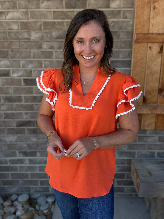 Orange Ruffle Sleeve Scallop Trim Top *TN COLLECTION*