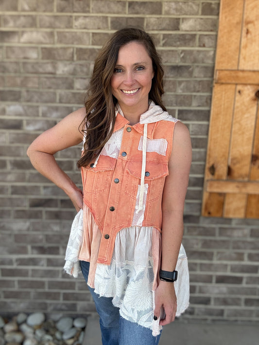 Orange Washed Mix Ruffle Flare Hem Hooded Vest Top by Oli & Hali *TN COLLECTION*