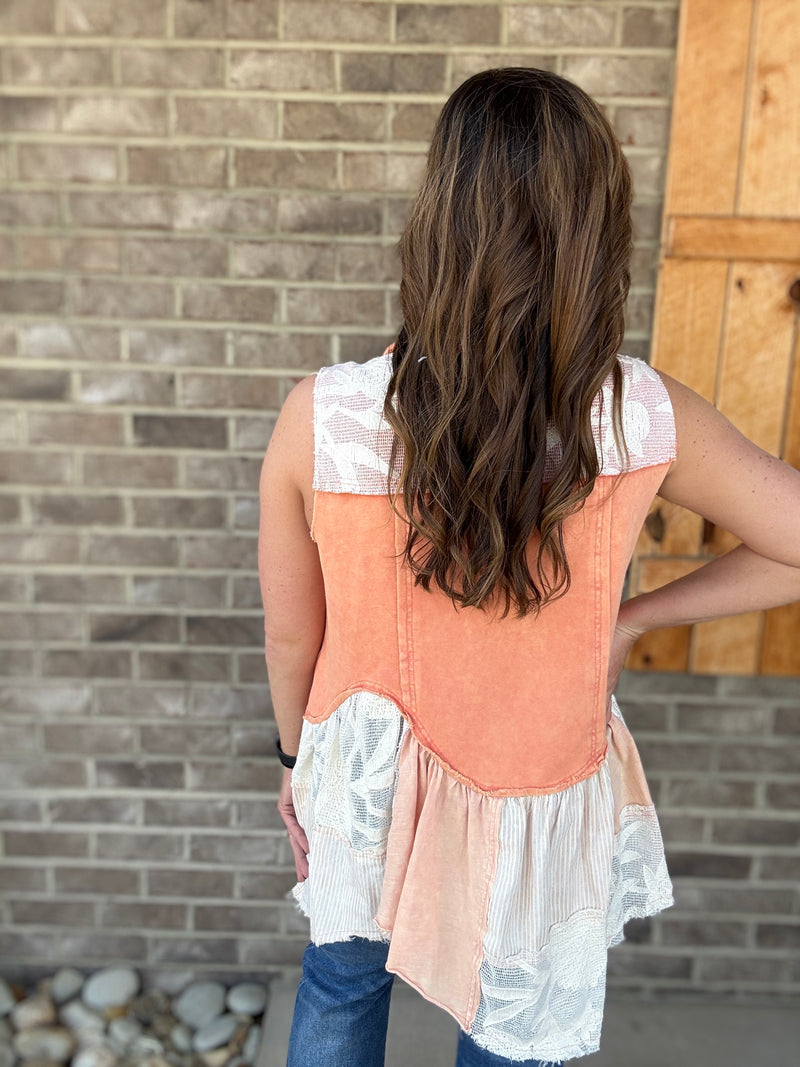 Orange Washed Mix Ruffle Flare Hem Hooded Vest Top by Oli & Hali *TN COLLECTION*