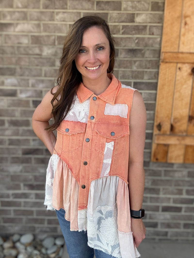 Orange Washed Mix Ruffle Flare Hem Hooded Vest Top by Oli & Hali *TN COLLECTION*