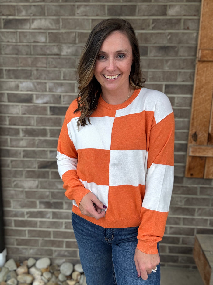 Orange & White Round Neck Tailgate Checkered Pullover *TN COLLECTION*