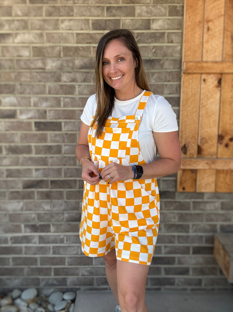 Orange and White Checkerboard Game Day Romper Overalls – *TN COLLECTION*