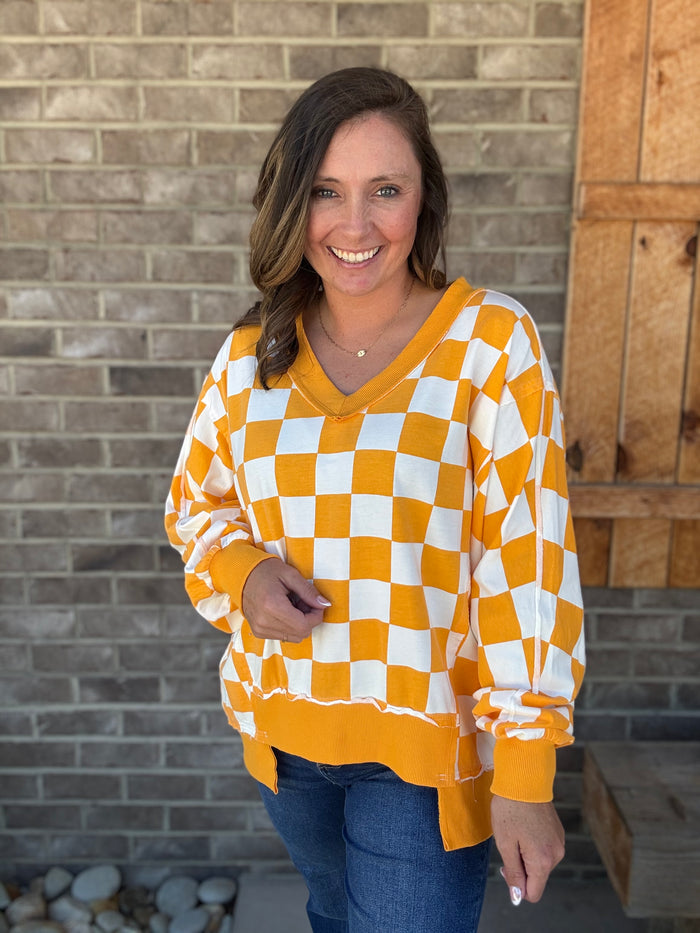 Orange and White Checkerboard V-Neck Game Day Sweatshirt – *TN COLLECTION*