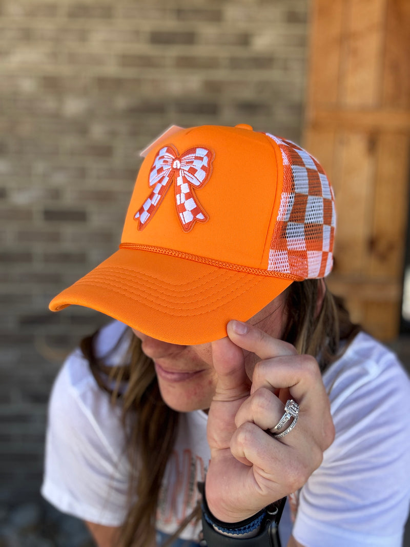 Orange and White Checkered Mesh Hat w/ Bow *TN COLLECTION*