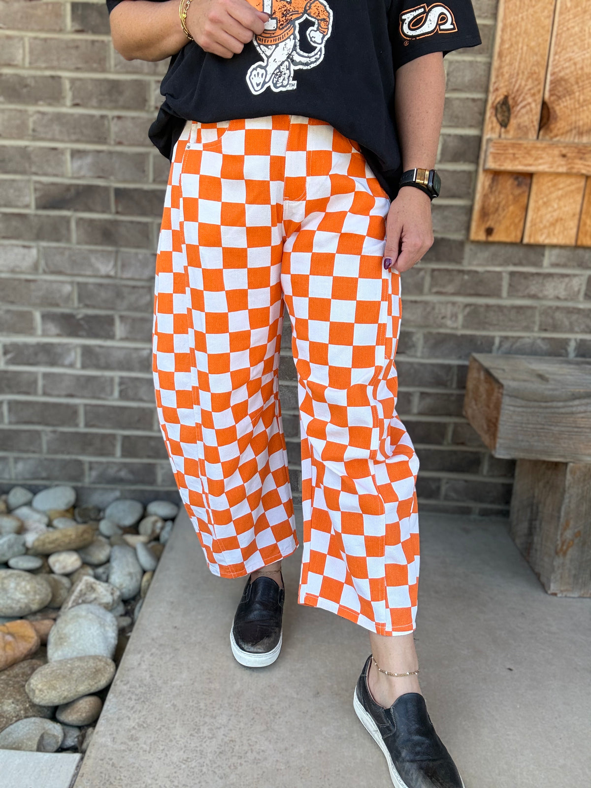 Orange and White Checkered Printed Barrel Denim Pants *TN COLLECTION*