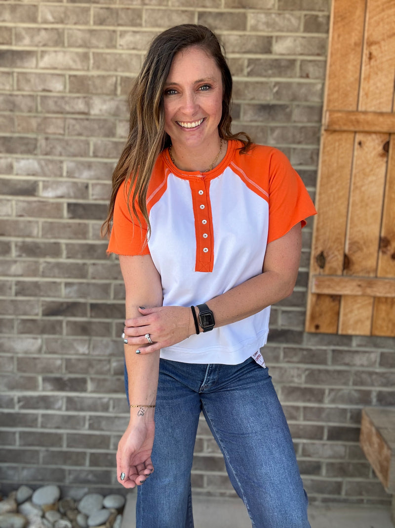 Orange and White Color Block Raglan Top *TN COLLECTION*