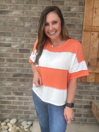 Orange and White French Terry Color Block Short Sleeve Top *TN COLLECTION*
