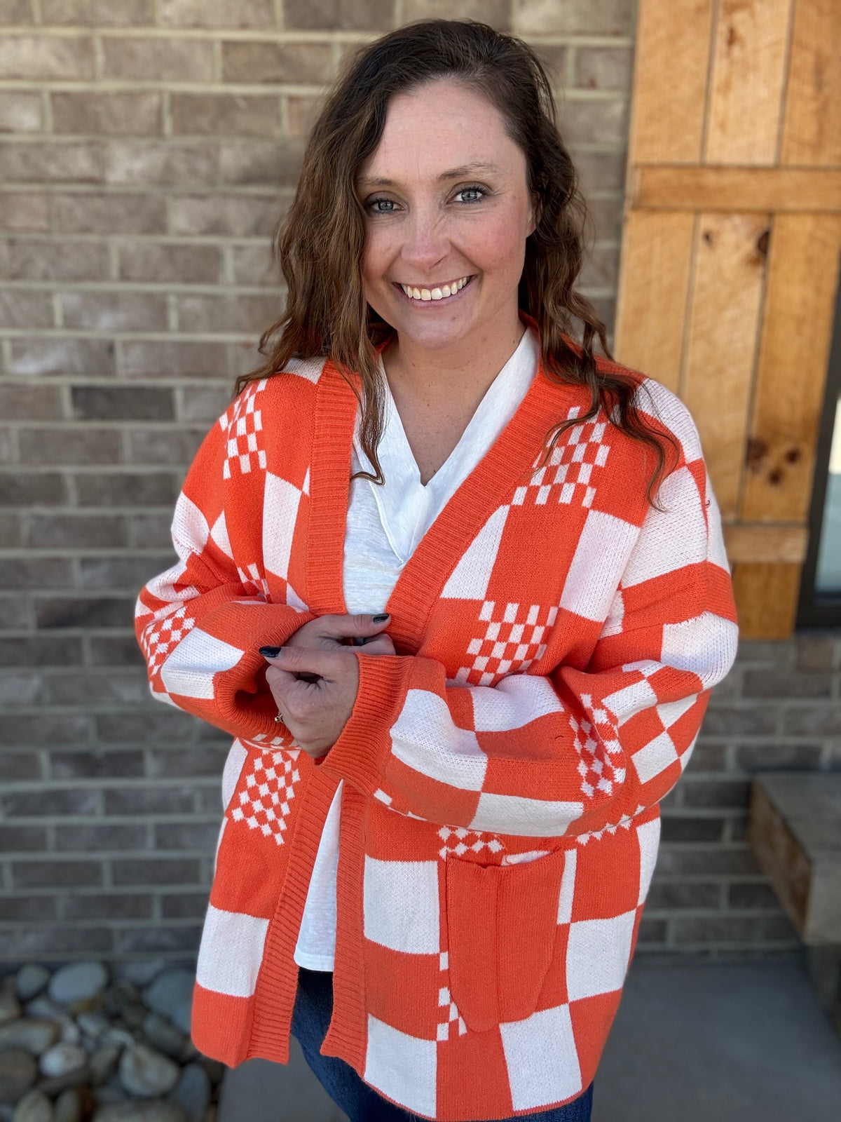 Orange and White Block Open Knit Cardigan *TN COLLECTION*