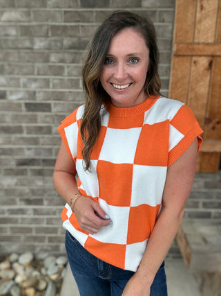Orange and White Checkered Knit Sleeveless Game Day Top *TN COLLECTION*
