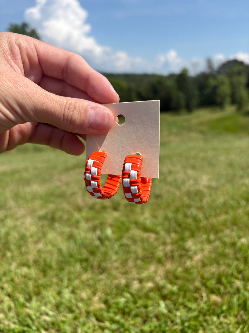 Orange and White Leather Checker Hoop Earrings *TN COLLECTION*