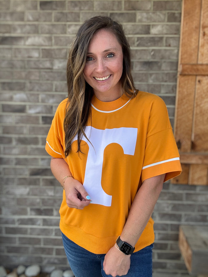 Orange and White Oversized Game Day Short Sleeve Pullover w/ Power T *TN COLLECTION*