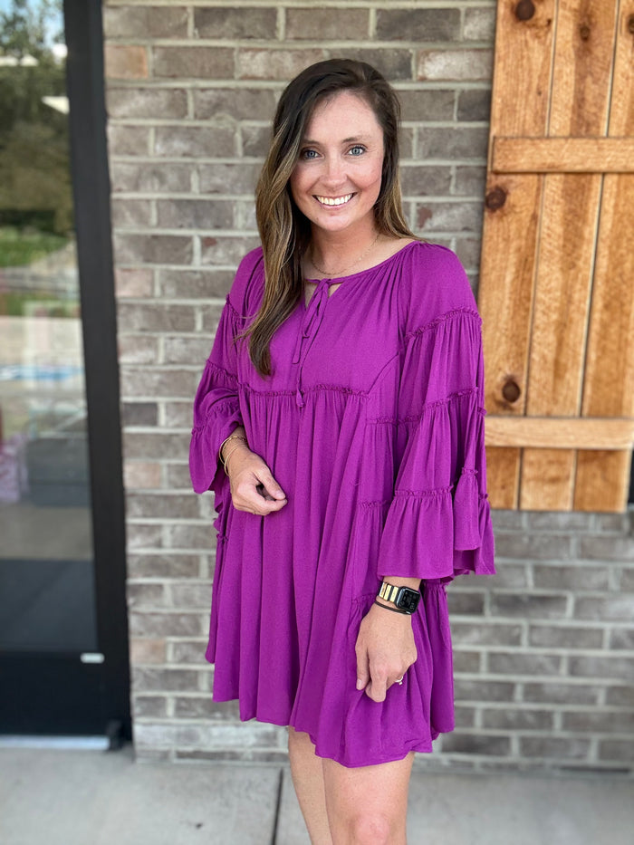 Orchid Tiered Long Sleeve Empire Waist Mini Dress