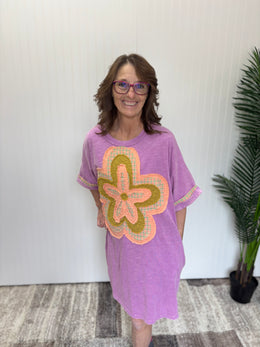 Orchid Floral Patch Front Washed Cotton Dress by Easel