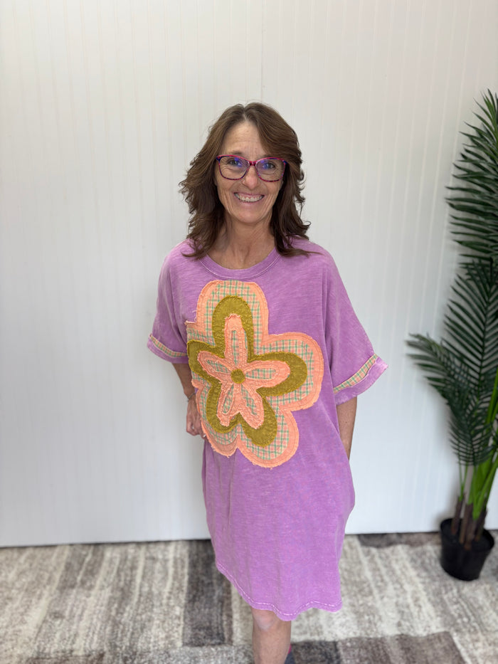 Orchid Floral Patch Front Washed Cotton Dress by Easel