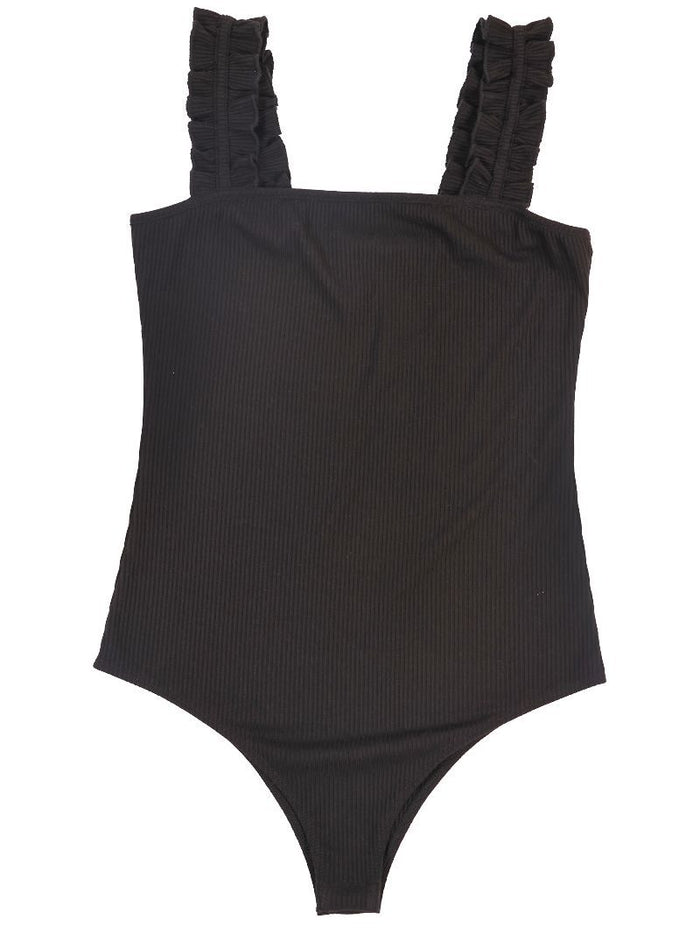 840- Black Ruffle Strap Body Suit by Simply Southern