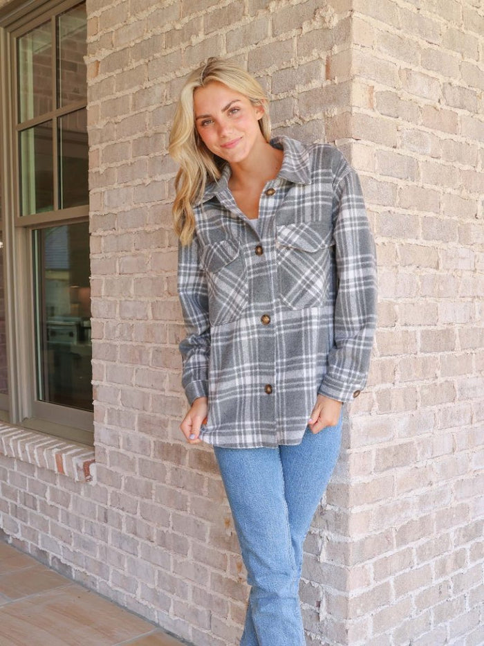 2749- Gray Plaid Button Down Shacket by Simply Southern