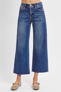 Dark Wash Tummy Control Crop Jeans w/ Raw Hem by Risen