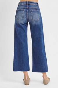 Dark Wash Tummy Control Crop Jeans w/ Raw Hem by Risen