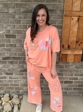 Papaya Mineral Washed LOVE Patched Pants by J. Her