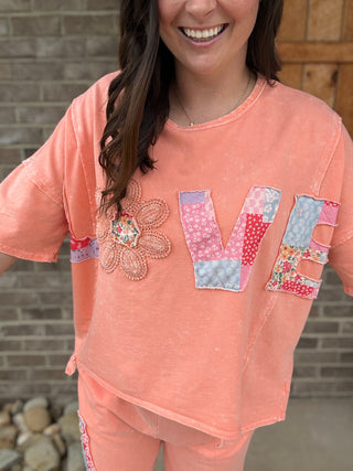 Papaya Mineral Washed LOVE Patched Shirt by J. Her