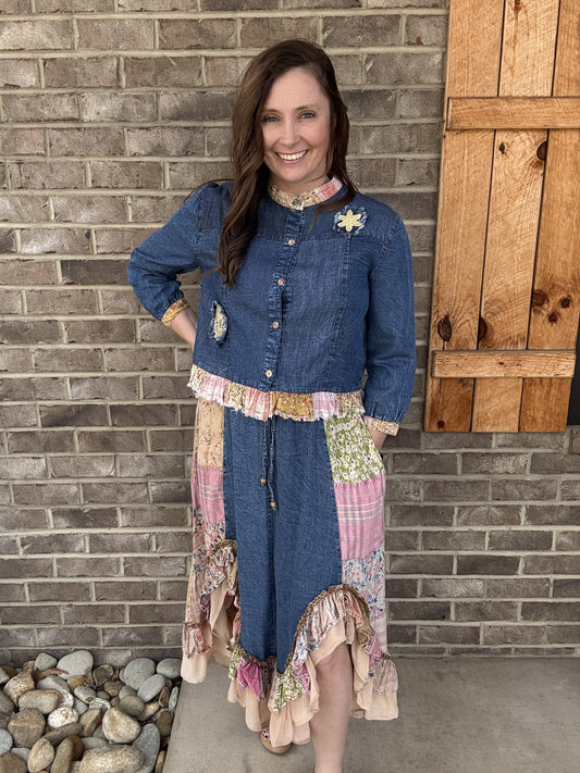 Patchwork Cropped Denim Jacket with Midi Skirt - Sold As Set: DENIM