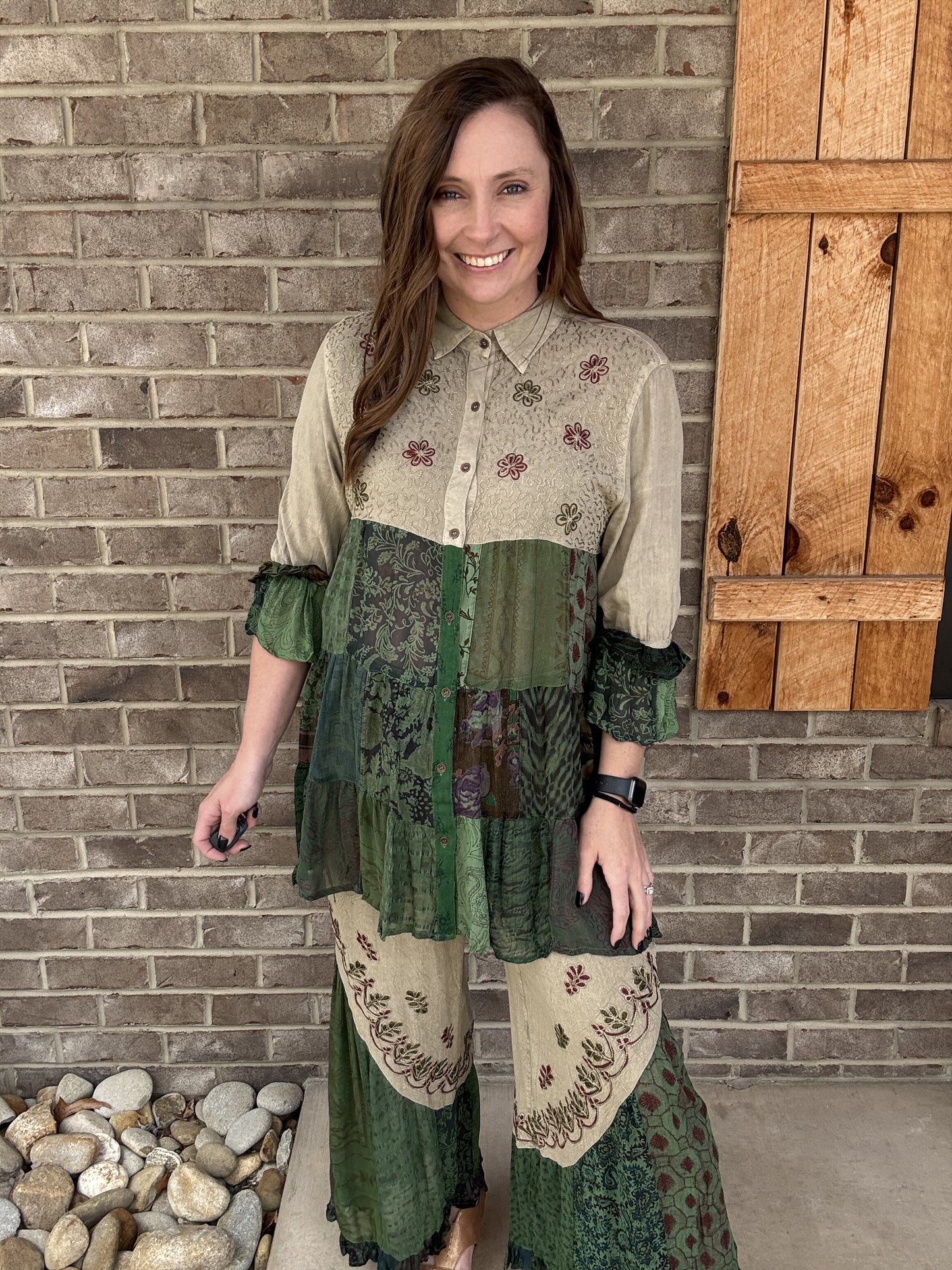 Patchwork Tiered Boho Top with Bellbottom Pants- Sold As Set: BASIL