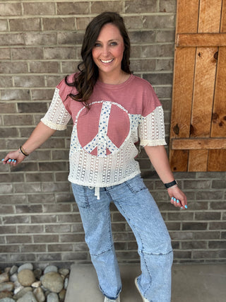 Peace Patch Floral Crochet Color Block Top by Haptics