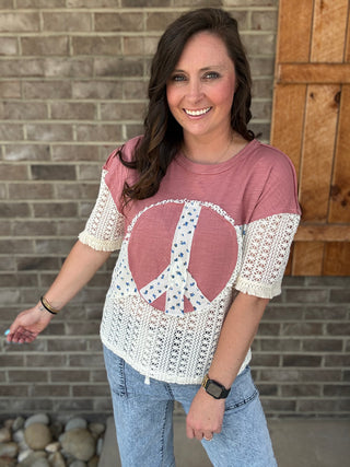 Peace Patch Floral Crochet Color Block Top by Haptics