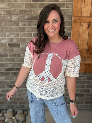 Peace Patch Floral Crochet Color Block Top by Haptics