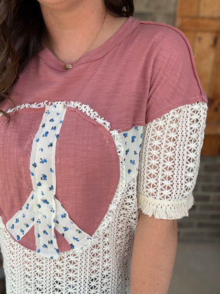 Peace Patch Floral Crochet Color Block Top by Haptics