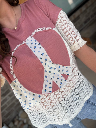 Peace Patch Floral Crochet Color Block Top by Haptics