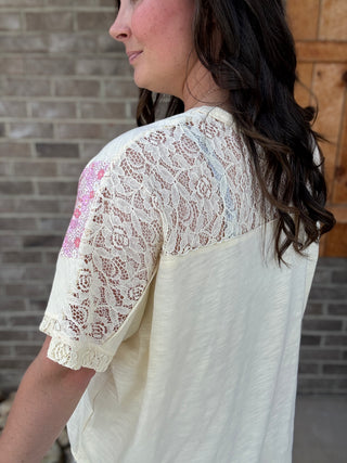 Peace Patch Floral & Lace Slub Knit Top by Haptics