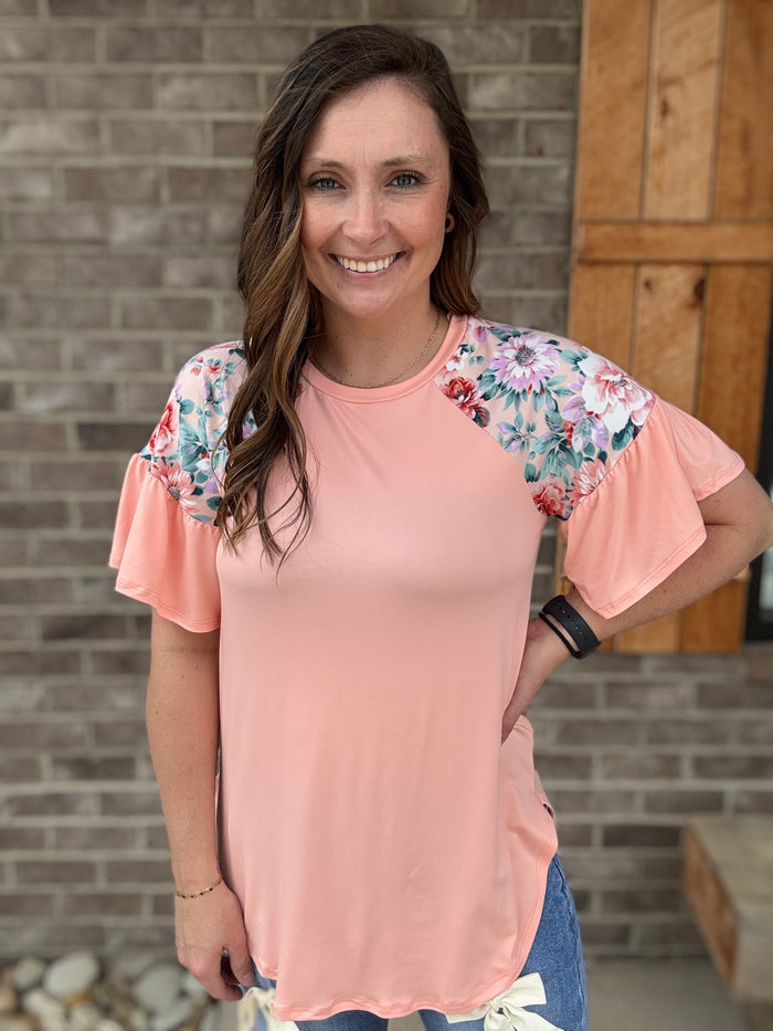 Peach Color Block Bell Sleeve Raglan Short Sleeve Top