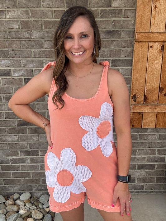 Peach Washed Lace Petal Flower Flower Patch Romper by J. Her