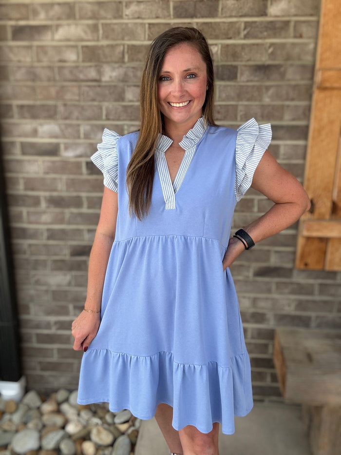 Peri Blue Ruffle Sleeve Tiered Mini Dress by Umgee