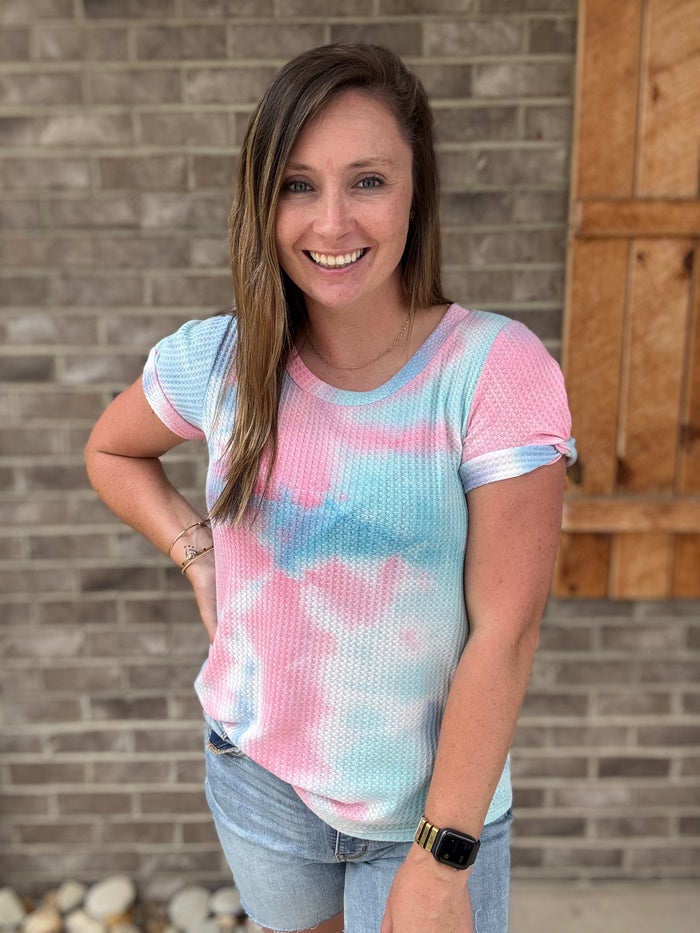 Perry, Pink, and Turquoise Tie Dye Short Sleeve Waffle Top
