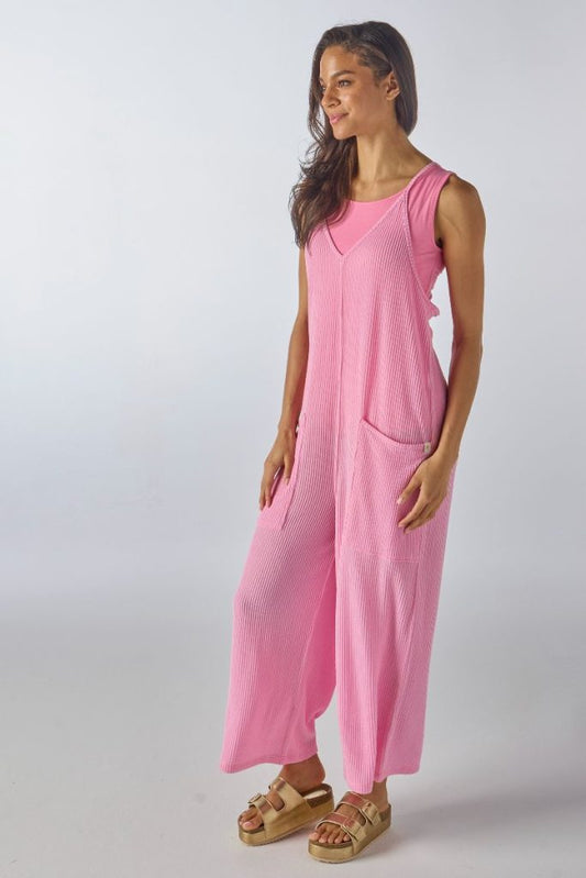 Pink Ribbed Relaxed Jumpsuit with Pockets by Simply Southern