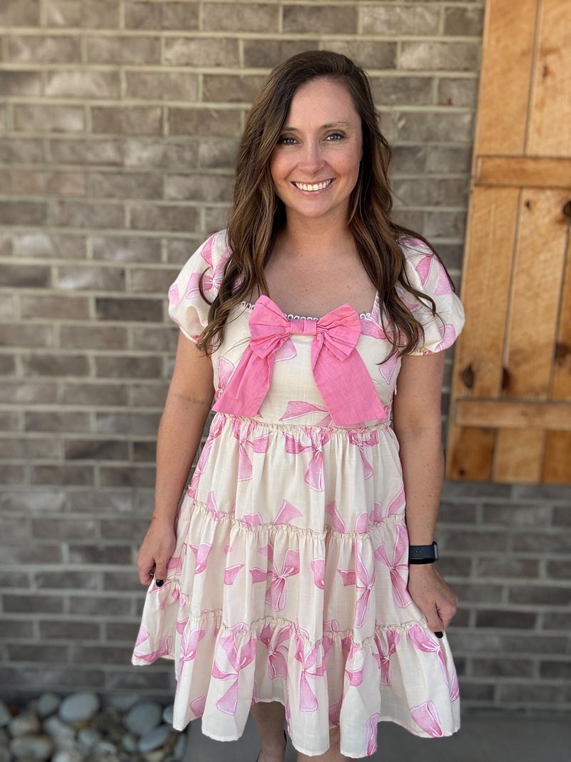 Pink Bow Print Puff Short Sleeve Smocked Back Dress
