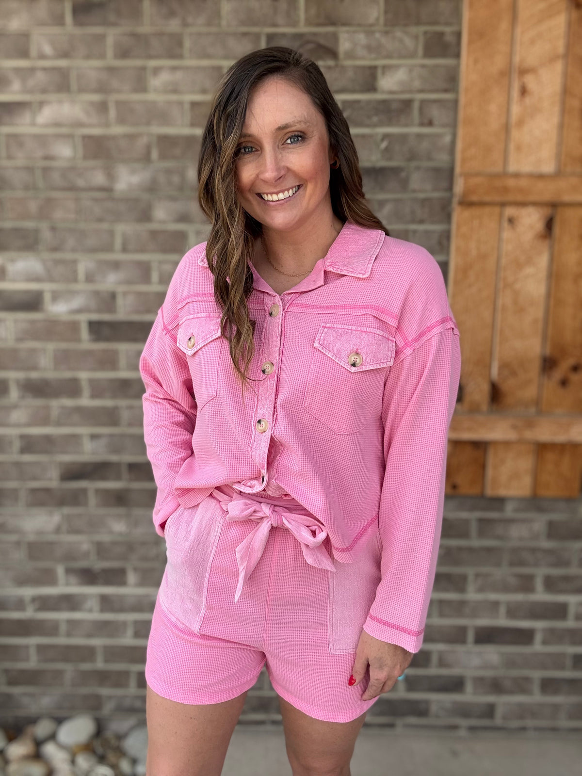 Pink Henley Material Crop Button Down Top w/ Ribbon Tie Shorts SOLD AS A SET