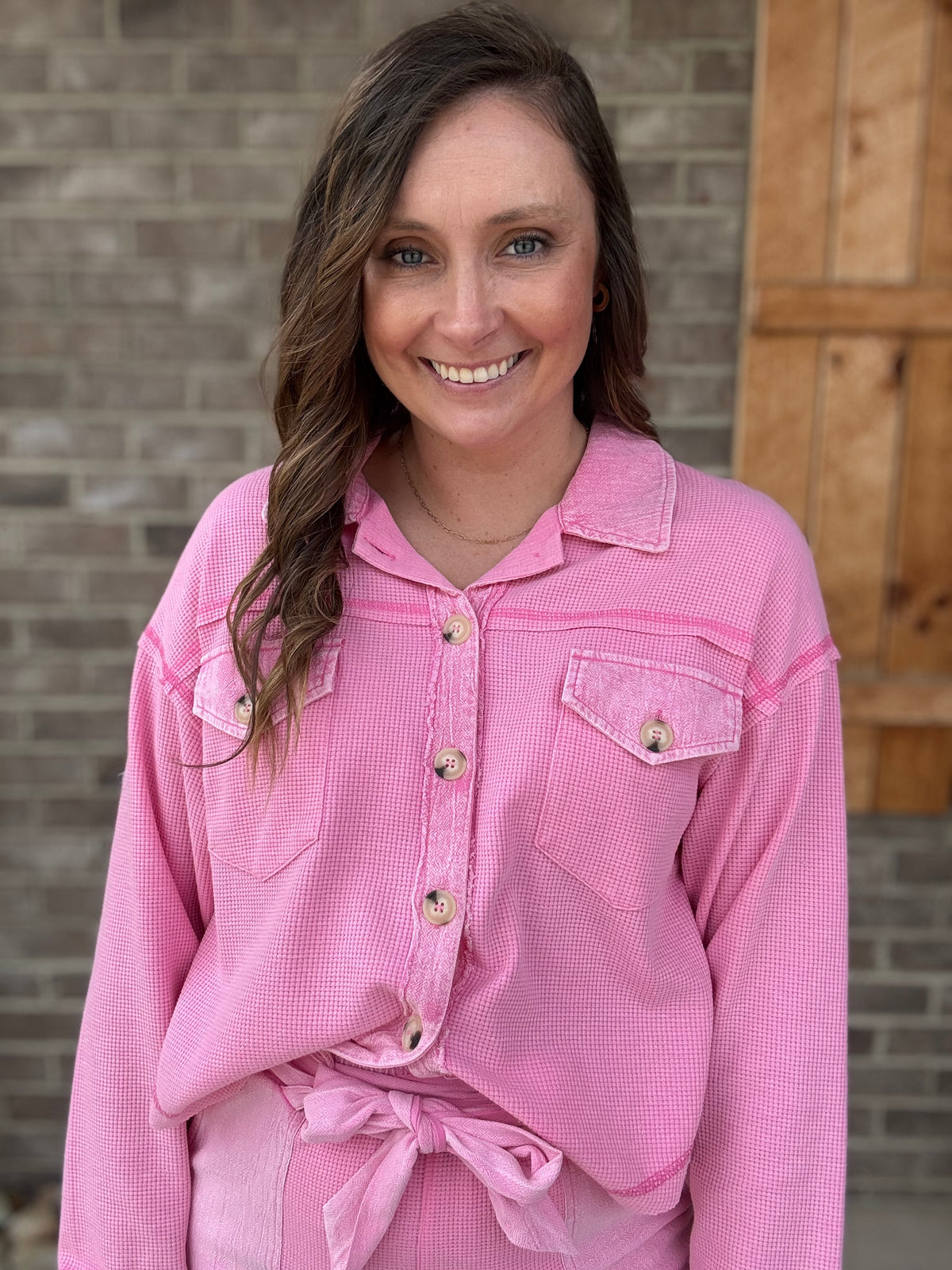 Pink Henley Material Crop Button Down Top w/ Ribbon Tie Shorts SOLD AS A SET