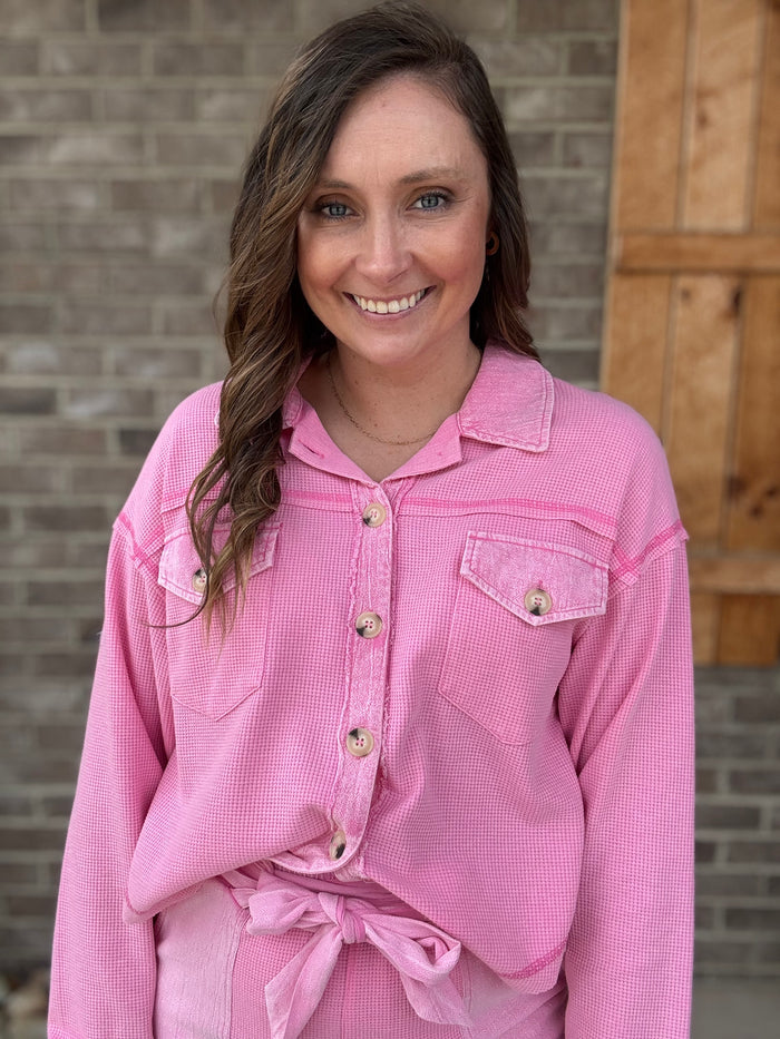 Pink Henley Material Crop Button Down Top w/ Ribbon Tie Shorts SOLD AS A SET